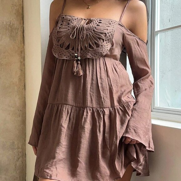 Brown Casual Women's Knitted Colorblock Off-Shoulder Long Sleeve Mini Dress - Picture 5 of 7